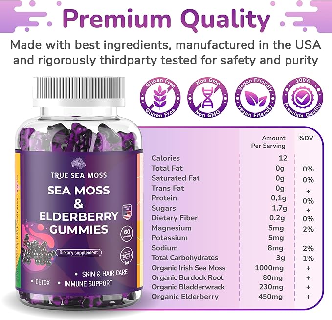 Natural Sea Moss Gummies with Elderberry for Adults & Kids, Contains Irish Sea Moss, Elderberry Extract, Burdock Root, Bladderwrack, 60 pcs Gel Gummies for Immune Support, Energy, Pack of 2