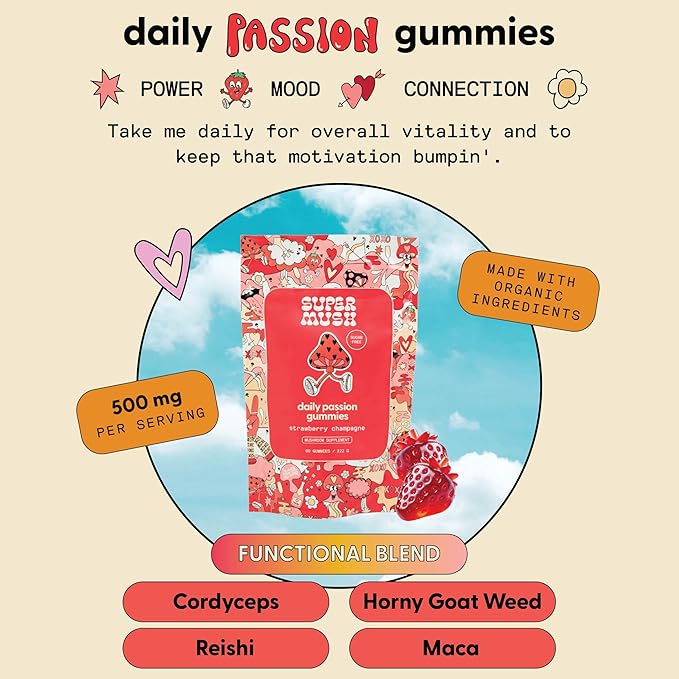 SuperMush Horny Goat Weed Gummies - Horny Goat Weed for Men & Women with Cordyceps, Reishi & Maca Root - Maximize Blood Flow, Increase Mood & Stamina - Enhance Vitality for Women & Men