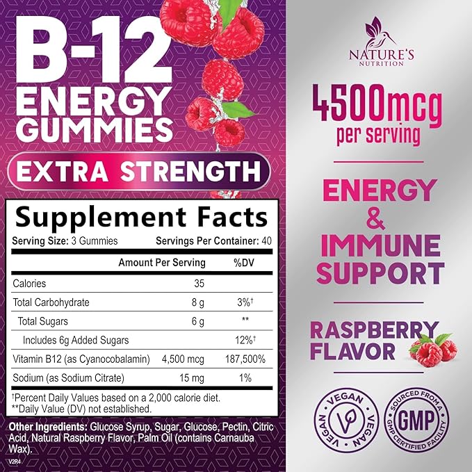 Vitamin B12 Energy Gummies - Extra Strength 4500mcg Chewable for Energy & Nervous System Health Support, B-12 Complex Gummy Vitamin for Women, Men, Kids - Non-GMO, Vegan, Berry Flavor - 120 Gummies