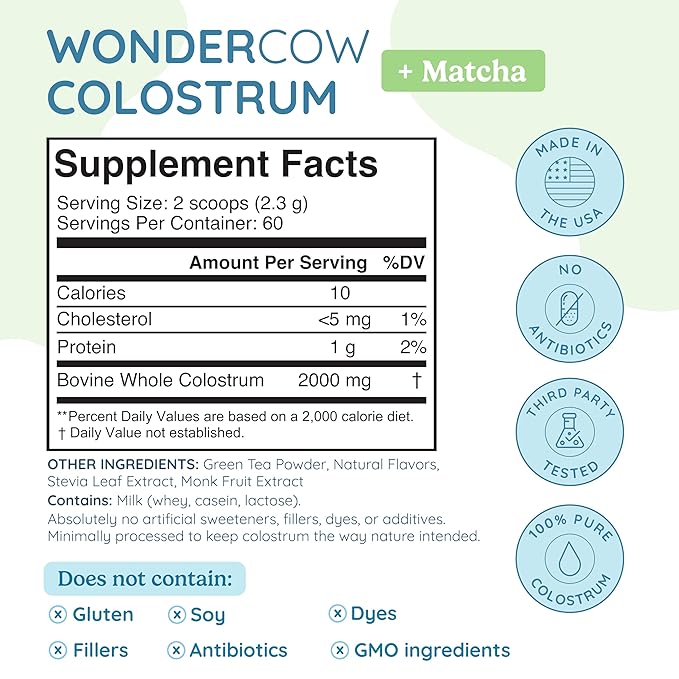 WONDERCOW Colostrum Supplement Powder for Gut Health, Immune Support, Muscle Recovery & Wellness | Natural IgG Pure Whole Bovine Colostrum Superfood, Matcha, 60 Servings