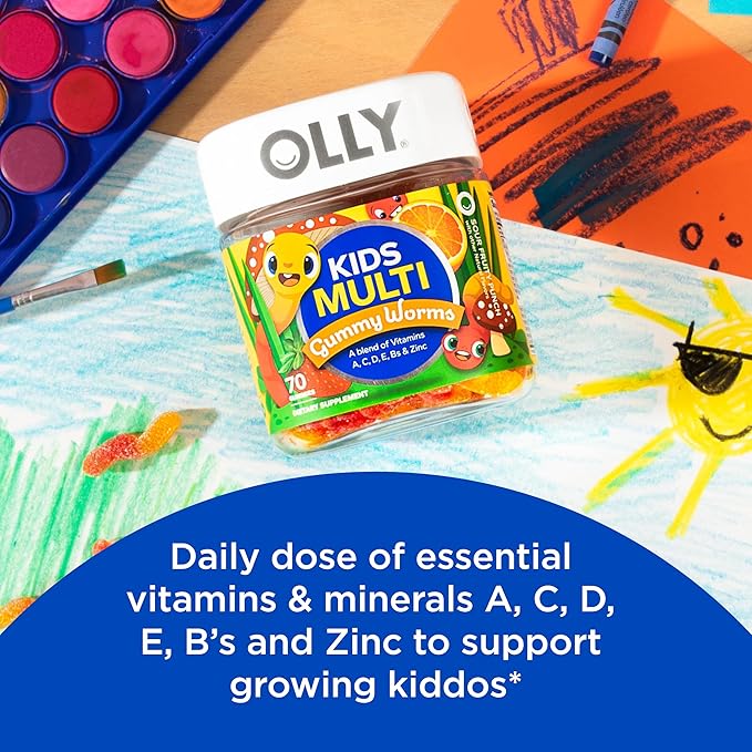 OLLY Kids Sleep Gummy, Melatonin, L Theanine, Chamomile, 60 Count and Kids Multivitamin Gummy Worms, Vitamins A C D E Bs Zinc, 70 Count
