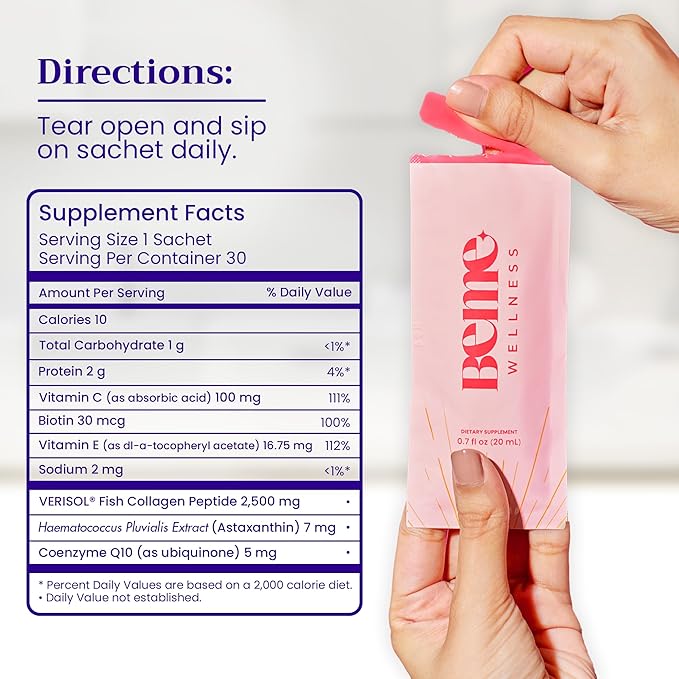 BeMe Liquid Collagen Drink, Be Radiant - Collagen Liquid for Women & Men - Drinkable Supplement with Collagen Peptides, Biotin, & Vitamin C Supports Hair, Nail, & Skin Health (30 Sachets, Mixed Berry)