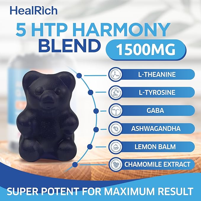 Stress Relief Gummies - 1500MG 5HTP with L-Theanine Gaba & L-Tyrosine - Ashwagandha Herbal Supplement Supports Intellectual Alertness Vegan Brain Mood Booost Supplements for Kids & Adults Made in USA