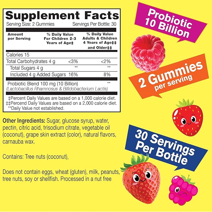 Probiotics for Kids Gummies -10 Billion CFU - for Gut Health, Immune Health and Digestive Support - Berry Flavor Chewable Supplement - Vegan, Non GMO, Gluten Free Kids Probiotic -60 Gummies