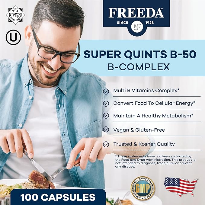 FREEDA Vitamin B Complex - Kosher Super B Complex Vitamin Supplement for Women & Men with Biotin, Vitamin B12, B1, B2, B3, B6, Folic Acid - Energy Metabolism Booster - Super Quints B-50, 100 Capsules