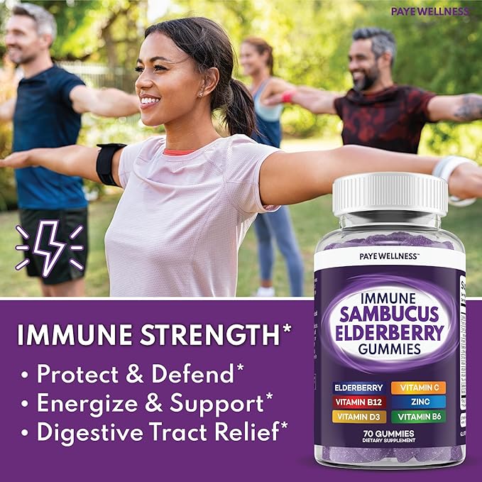 Elderberry Gummies Immune Support, Daily Support for Kids and Adults*, with Sambucus Elderberry, Zinc, Vitamin C, D3, B6, B12, Plus - Dietary Supplement - 70 Count