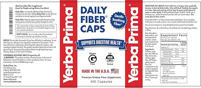 Yerba Prima Daily Fiber Caps Formula, 400 Capsules - Both Soluble and Insoluble - with Psyllium Seed Husks, Acacia Gum, Apple Fiber and More - Dietary Supplement