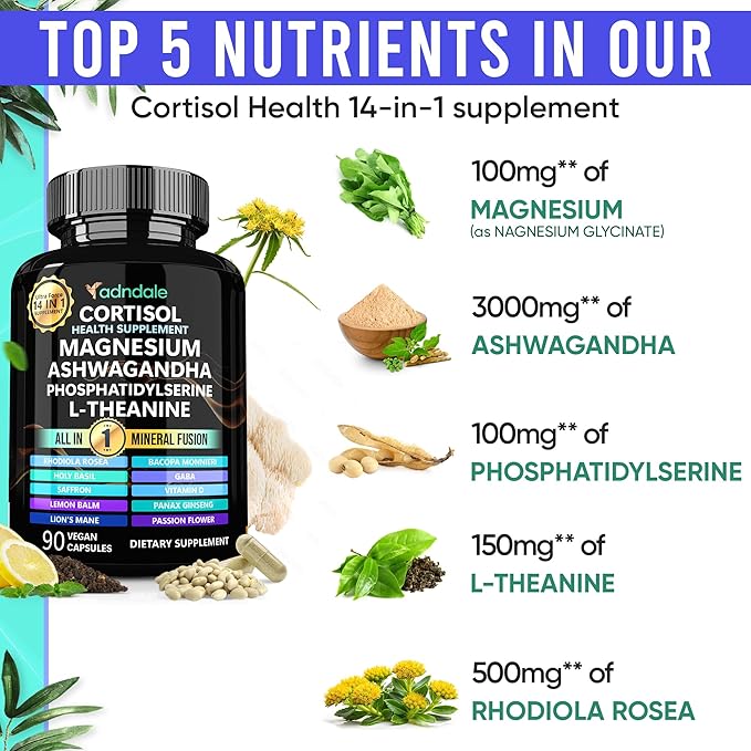 14-in-1 Cortisol Health Supplement with Ashwagandha, Magnesium Glycinate, Rhodiola, L-Theanine, Holy Basil & More. Cortisol Supplements for Women Support Stress Management & Stamina. 90 Capsules.
