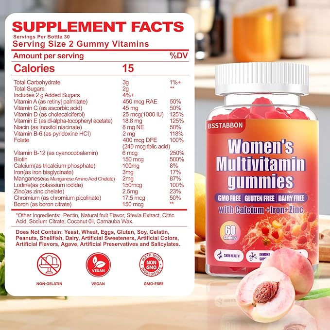 Women's Multivitamin Gummies Peach Flavor, Contains 6 Essential Vitamins (Vitamin A,B6,B12,C, D, E) and Multiple Mineral Values for Skin, Hair, Energy, Immune(60 Gummies) (60 Count)