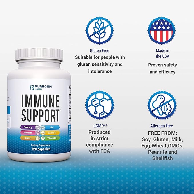 6 in 1 Immune Support 120 Capsules with Powerful Blend of Elderberry, Echinacea, Ginger, Vitamin C 650mg, Vitamin D3 5000 IU & Zinc Picolinate 30mg- Immune Booster Supplement for Adults and Kids