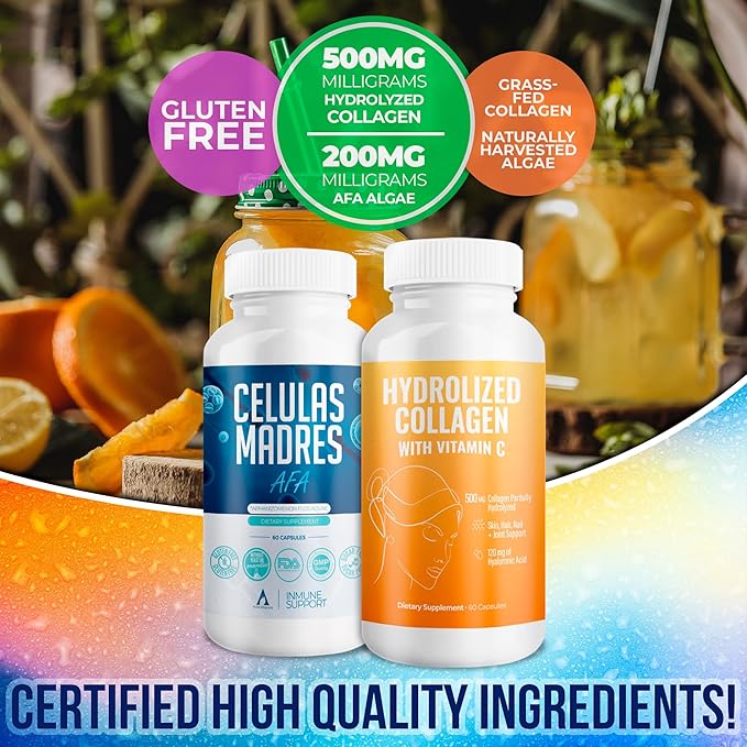 Aura Vitamin Mega Antioxidant Bundle | Hydrolyzed Collagen & AFA Stem Cell | Hydrolyzed Collagen with Vitamin C, Aphanizomenon Flos-Aquae | Celula Madre Skin, Hair and Nail Support – 60 Each Caps (1)