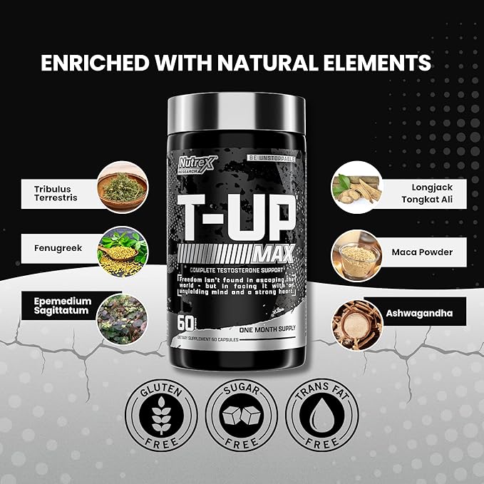 Nutrex Research T-UP Testosterone Booster Supplement for Men - Increase Levels, Boost Strength & Recovery - 60 Capsules