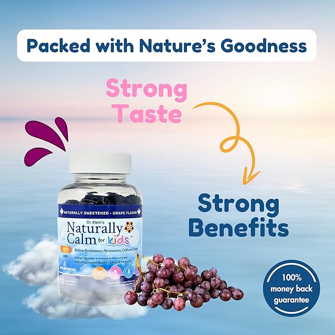 Dr. Klein's Naturally Calm Gummies for Kids - Chamomile, Linden, & Magnesium for Soothing Kids Ages 5+ Vitamins to Aid Sleep - Magnesium Gummies for Kids - Calm Chews for Kids - Grape Sugar-Free 60ct