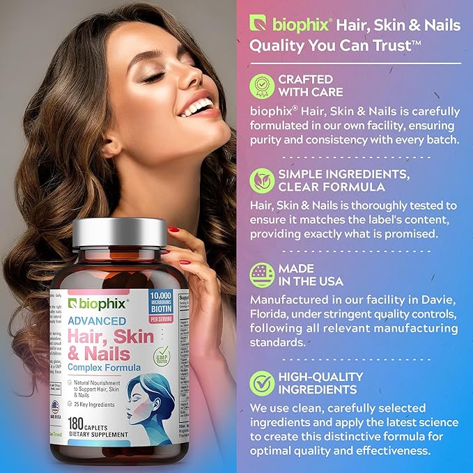 biophix Hair Skin and Nails Complex 180 Caplets with 10,000 mcg Biotin - Multivitamin Supports Strong Nails Beautiful Hair Healthy Aging