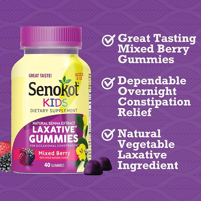 Senokot Kids Mixed Berry Laxative Gummies for Age 2+, Senna Extract for Gentle, Overnight Relief from Occasional Constipation, 40 ct