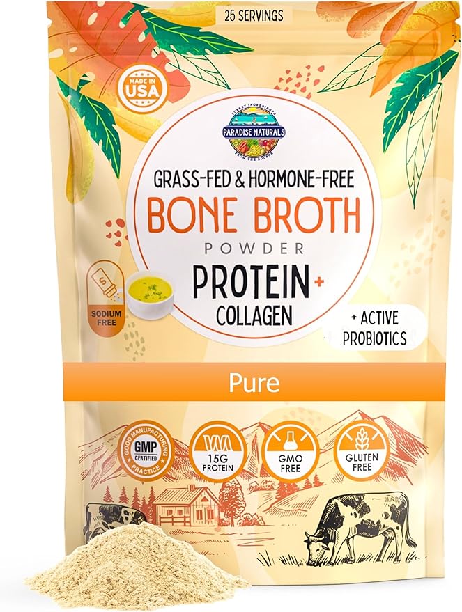 100% Grass-Fed Organic Beef Bone Broth Powder, Probiotics, Collagen, 15g Protein, Non-GMO, Low Sodium, Gut Health, Paleo, Keto, Gluten-Free, Healthy Skin, Hair, Joints - 25 Servings