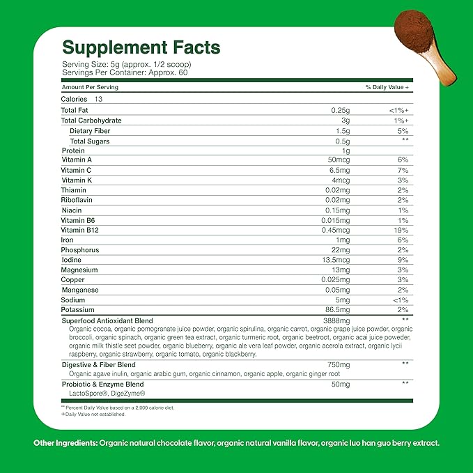 Feel Great USDA Organic Super Greens for Kids | Vegan Chocolate Greens Powder with Veggie Powder for Kids | Superfood Powder with Probiotics & Digestive Enzymes for Digestive Health | 2 Month Supply
