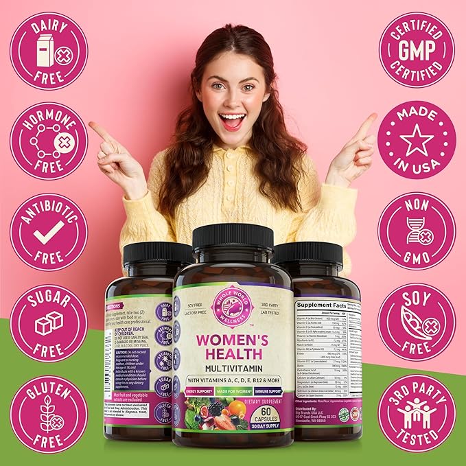 Womens Daily Multivitamin Multimineral Supplement for Energy, Mood, Focus, Hair, Skin & Nails. Made for Women with 30+ Nutrients, Fruit & Energy Blend. Womens Vitamins 60 Capsules