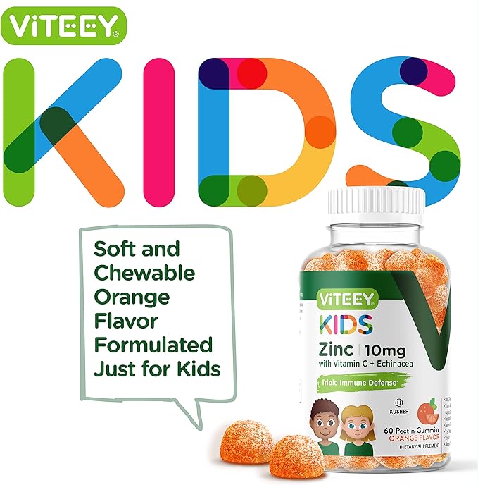 Zinc for Kids Gummies 10mg, with Vitamin C & Echinacea for Kids - Immune Support, Powerful Natural Antioxidant, Kids Zinc Vitamin Supplement - Vegan, Gelatin Free - Tasty Chewable Orange Flavor Gummy