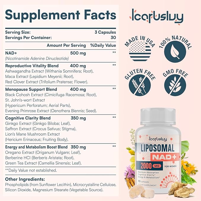 2000MG Liposomal NAD+ for Women, NAD+ Supplement, with Ashwagandha, Maca, Black Cohosh & Ginkgo Biloba, Max Absorption, NAD Plus - Menopause, Cognitive Clarity, Energy, Aging Defense, 180 Capsules