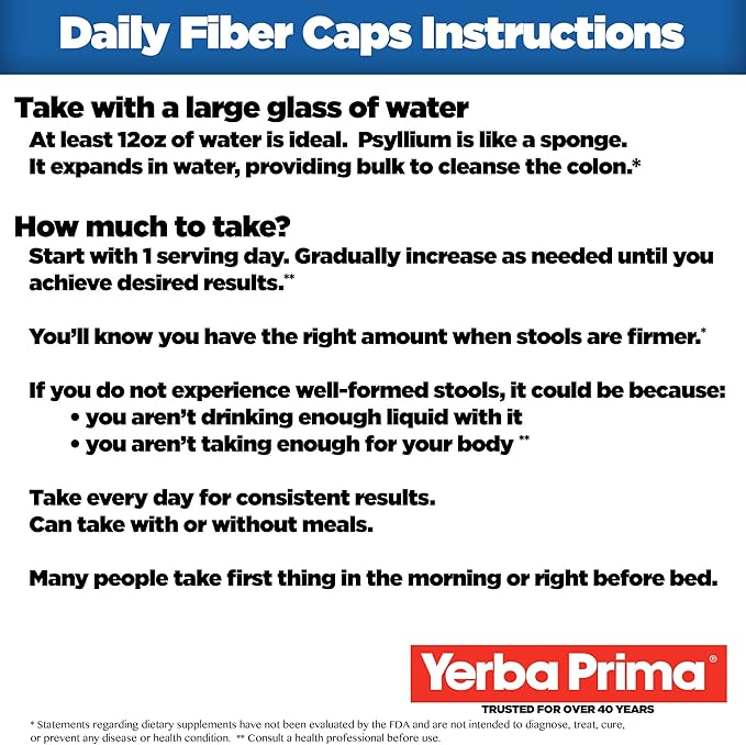 Yerba Prima Daily Fiber Caps Formula 400 Capsules (Pack of 2) - Both Soluble/Insoluble Fiber with Psyllium Seed Husks, Acacia Gum, Apple Fiber Supplement