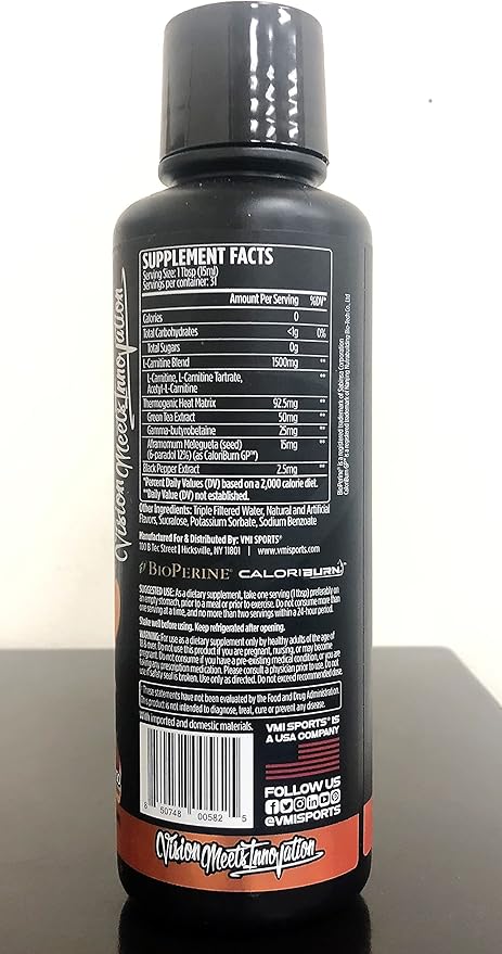 VMI Sports L-Carnitine 1500 Heat Stimulant Free Thermogenic Metabolic Support & Fat Loss for Men & Women | 1500mg L-Carnitine | Convenient Liquid (Peach Mango)