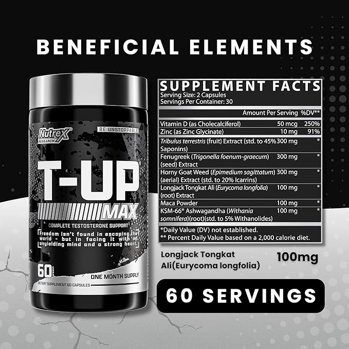 Nutrex Research T-UP Testosterone Booster Supplement for Men - Increase Levels, Boost Strength & Recovery - 60 Capsules