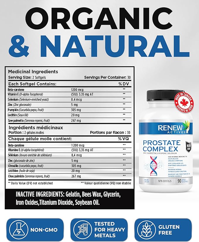 Renew Actives Prostate Complex Supplements – Formula for Prostate, Thyroid, Eye Health & Immune System – Antioxidant Blend for Men’s Wellness – 90 Softgels – Made in Canada