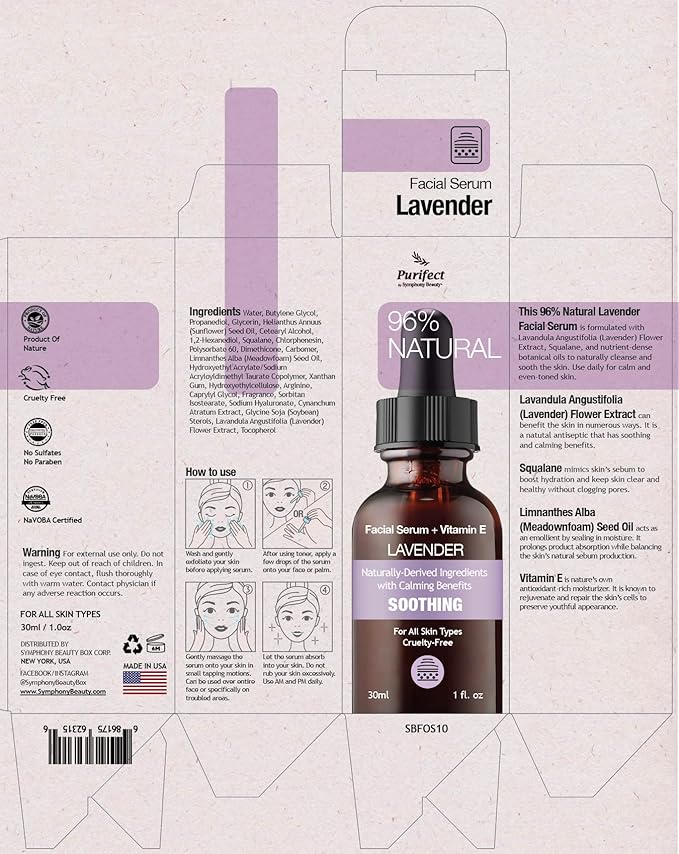 96% NATURAL LAVENDER Facial Serum for Day and Night Moisturizer Soothe Balance Skin with Vitamin E Squalene 30ml 1fl oz - Non Greasy and Fast Absorbing Formurla PURIFECT MADE IN USA