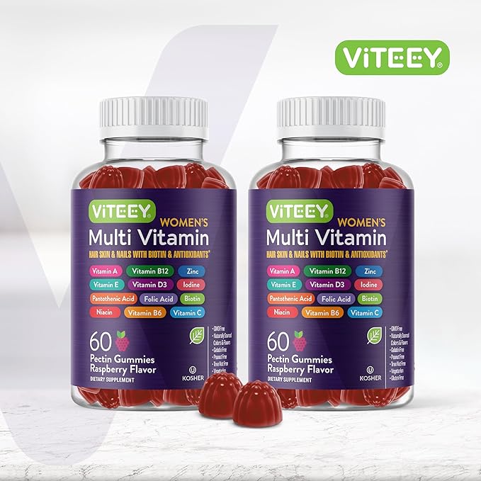 Womens Multivitamin Gummies - Immune Support - 12 in 1 Essential Daily Vitamins & Minerals - Vitamin A, C, D3, E, B6, B12, Folic Acid, Biotin, Calcium, Zinc & More - Vegetarian - Raspberry Flavored