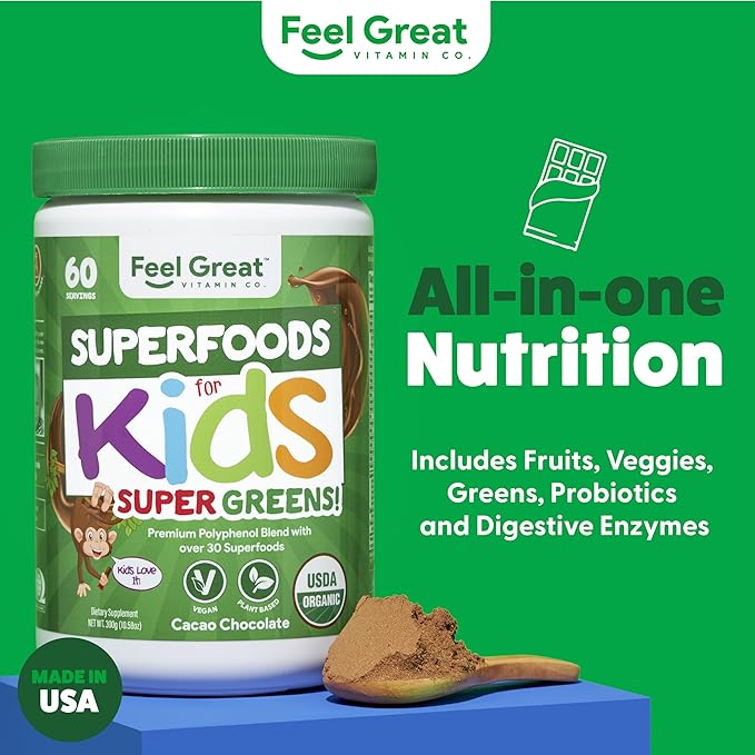 Feel Great USDA Organic Super Greens for Kids | Vegan Chocolate Greens Powder with Veggie Powder for Kids | Superfood Powder with Probiotics & Digestive Enzymes for Digestive Health | 2 Month Supply