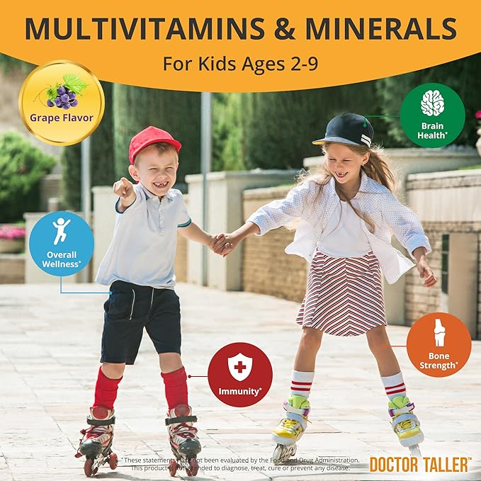 Doctor Taller Kids - Support Height Growth with Multivitamins, Multiminerals, Calcium - Height Growth Formula for Kids Ages 2 to 9 - Grape Flavor - Helps Kids Grow Taller - 6 Pack | 9 Months Supply
