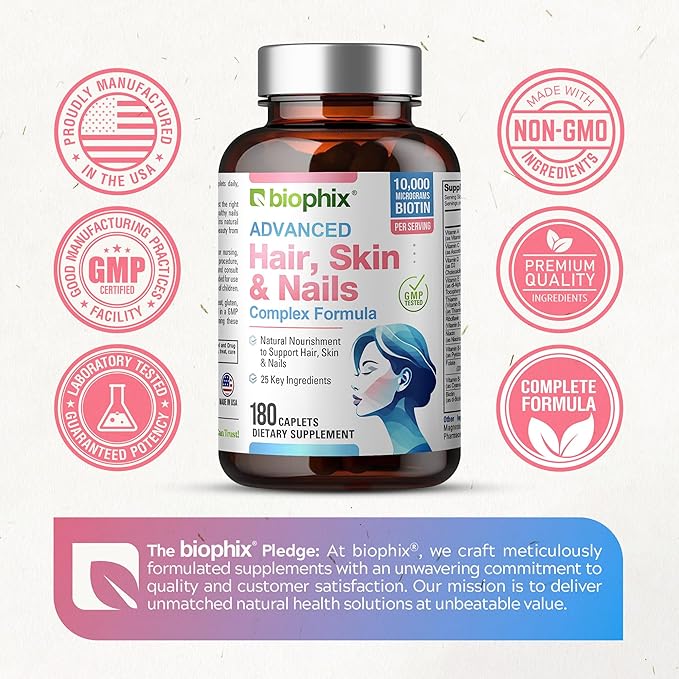 biophix Hair Skin and Nails Complex 180 Caplets with 10,000 mcg Biotin - Multivitamin Supports Strong Nails Beautiful Hair Healthy Aging