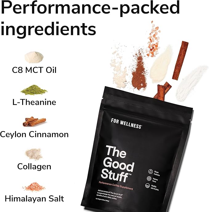 For Wellness The Good Stuff Performance Coffee Supplement- Non-Dairy Coffee Creamer Powder w/Collagen, MCT, L-Theanine & Cinnamon - Healthy Coffee Add-in for Energy & Focus