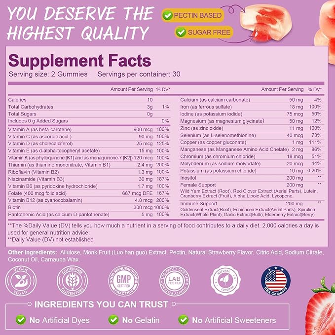 Sugar Free Multivitamin Gummies for Women 14+ w/Inositol, Iron, Folate, Biotin, 30 Day Supply, Vegetarian, Gummy Vitamins for Women | Sugar Free