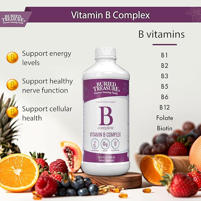 Buried Treasure B Complete - 16 Fl oz, All 8 B Vitamins with Methylated B12 & Methylfolate, Biotin, B1, B2, B6, Antioxidant Support, Liquid & Sugar-Free, B complex vitamins for Women & Men.