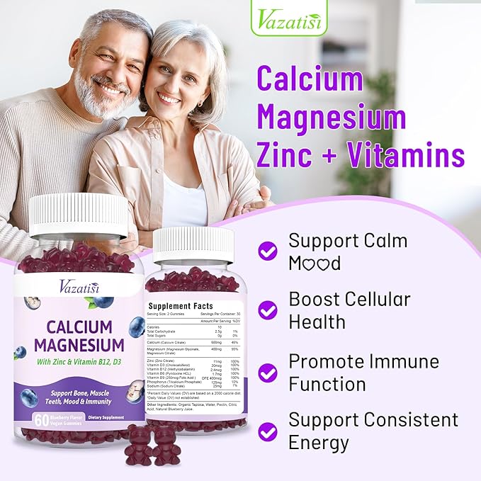 2 Pack Calcium Gummies with Magnesium, Zinc, Vitamin D3 & B12, Calcium Supplements for Women Men, Support Bone, Muscle and Immunity, 120 Vegan Blueberry Flavor Gummies