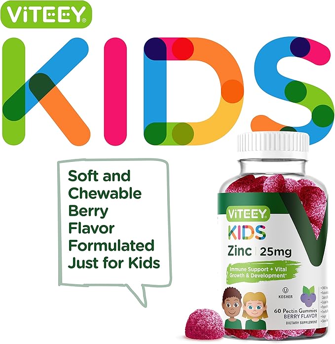 Zinc for Kids Gummies, 25mg - Immune Support for Kids & Teens - Powerful Natural Antioxidant, Kids Zinc Vitamin Supplement - Vegan, Gelatin Free, Gluten Free - Tasty Chewable Berry Flavor Gummy