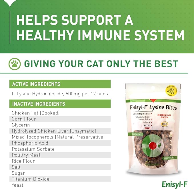 Vetoquinol Enisyl-F Lysine Bites: L-Lysine Chews for Cats & Kittens - Chicken Liver-Flavor, 6.4oz (180g) Reclosable Bag