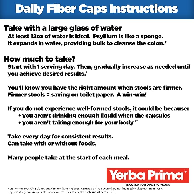 Yerba Prima Daily Fiber Formula - 180 caps (Pack of 2) - Soluble & Insoluble Dietary Fiber Supplement - Colon Cleanse - Gut Health - Vegan, Non-GMO, Gluten-Free