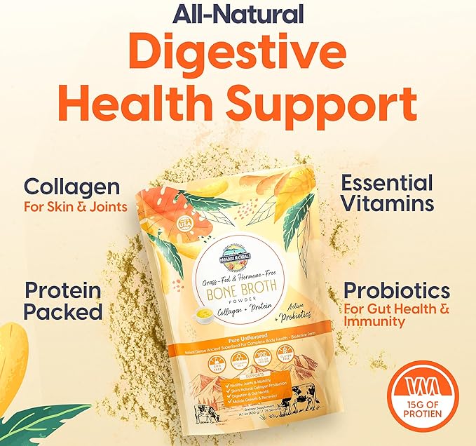 100% Grass-Fed Organic Beef Bone Broth Protein Powder, Active Probiotics, Collagen Peptide Rich, 15g Protein, Non-GMO, Low Sodium, Healthy Skin, Gut Health, Paleo Keto, No Gluten