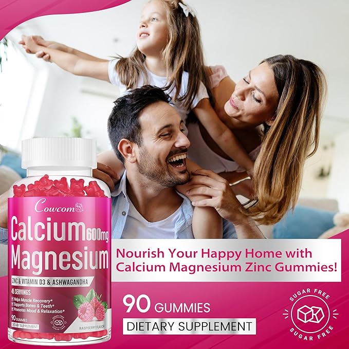 Calcium Magnesium Zinc Gummies Sugar-Free with Vitamin D3 B6 B12,High Absorption Calcium Magnesium Supplement,Bone, Muscles,Calm Mood,Sleep Support for Kids adults,90 Count Vegan Raspberry Flavor