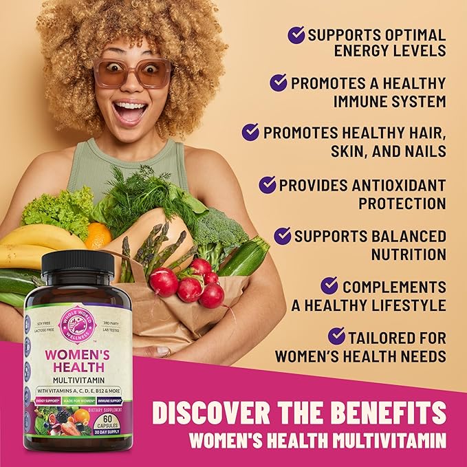 Womens Daily Multivitamin Multimineral Supplement for Energy, Mood, Focus, Hair, Skin & Nails. Made for Women with 30+ Nutrients, Fruit & Energy Blend. Womens Vitamins 60 Capsules