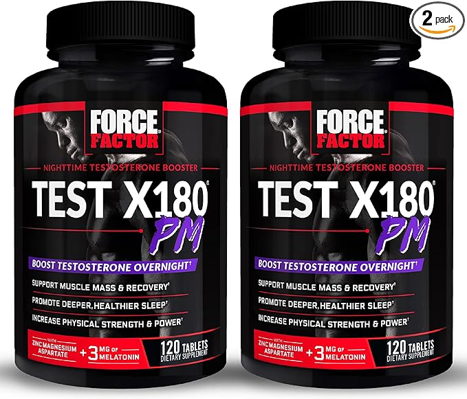 FORCE FACTOR Test X180 PM, 2-Pack, Testosterone Booster for Men, Overnight Testosterone Supplement to Build Muscle, Increase Strength, and Promote Deeper, Healthier Sleep and Recovery, 240 Tablets