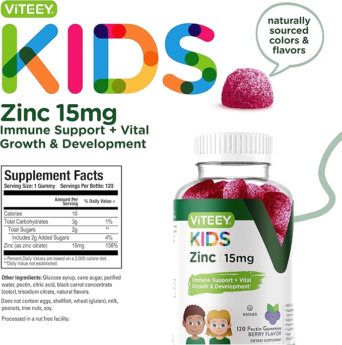 Zinc for Kids Gummies 15mg - Immune Support for Kids & Teens - Powerful Natural Antioxidant, Kids Zinc Vitamin Supplement - Vegan, Gelatin Free, Gluten Free - Tasty Chewable Berry Flavor Gummy