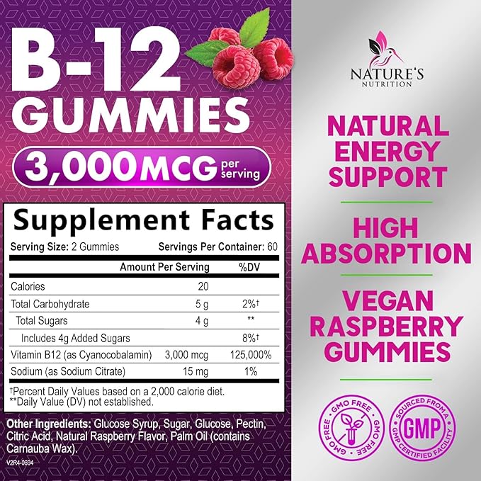 B12 Gummies, Extra Strength Energy 3000 mcg Vitamin B12, B-12 Energy Metabolism & Immune System Support, Chewable Supplement for Adults & Kids, Caffeine Free, Berry Flavored Gummy, Vegan - 120 Count
