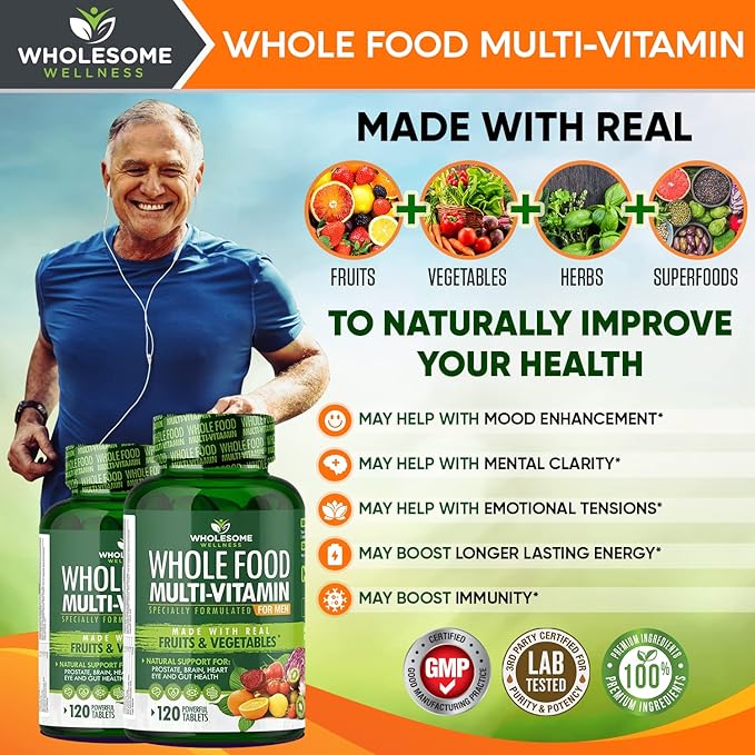 Whole Food Multivitamin for Men - Natural Multi Vitamins, Minerals, Organic Extracts - Vegan Vegetarian - 120 Tablets
