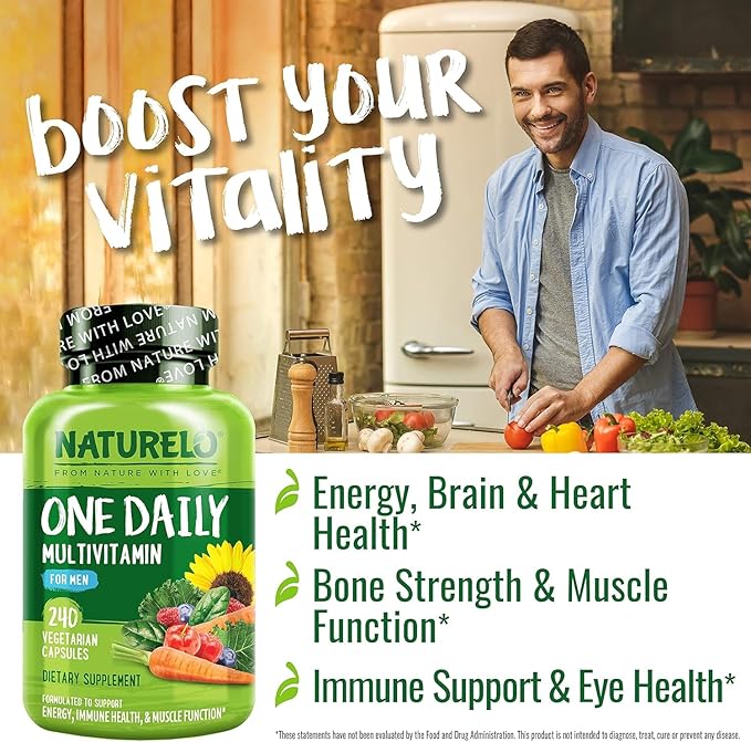 NATURELO Mens Multivitamins - One Daily Multivitamin for Men with Vitamins, Minerals & Organic Whole Foods, Boost Energy & Health, Non-GMO, 240 Vegetarian Capsules
