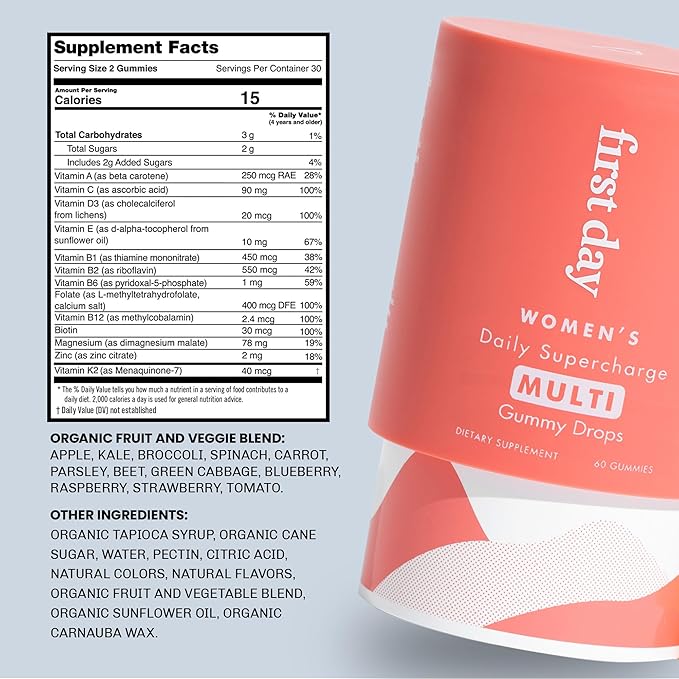 FIRST DAY Women’s Daily Supercharge Multivitamin Gummies – Vitamins A, B1, B6, B12, C, D3, E & K + Magnesium, Zinc, Biotin – Made w/Organic Fruits & Veggies, Only 2g Sugar – 2-Pk, 60 Day Supply