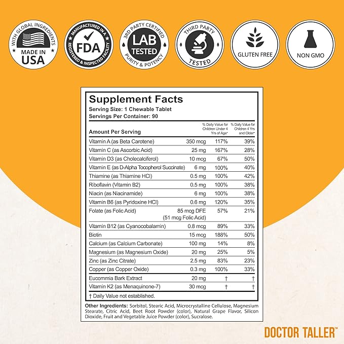 Doctor Taller Kids - Support Height Growth with Multivitamins, Multiminerals, Calcium - Height Growth Formula for Kids Ages 2 to 9 - Grape Flavor - Helps Kids Grow Taller - 6 Pack | 9 Months Supply